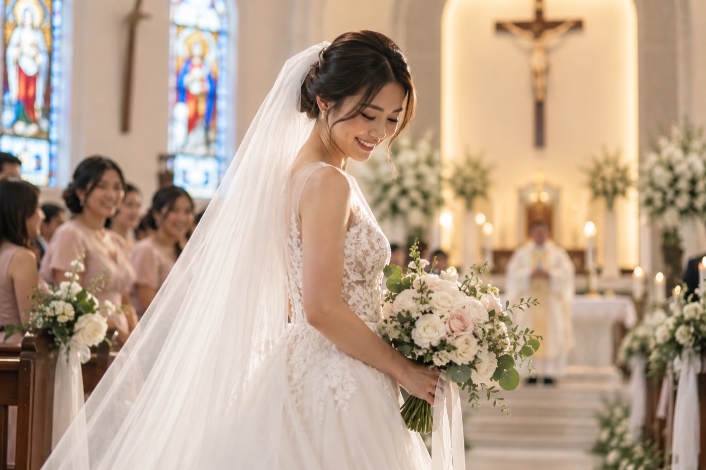 Bride walking down the aisle of a Singapore Catholic church, stained glass windows and bridesmaids either side, the priest waiting at the altar.