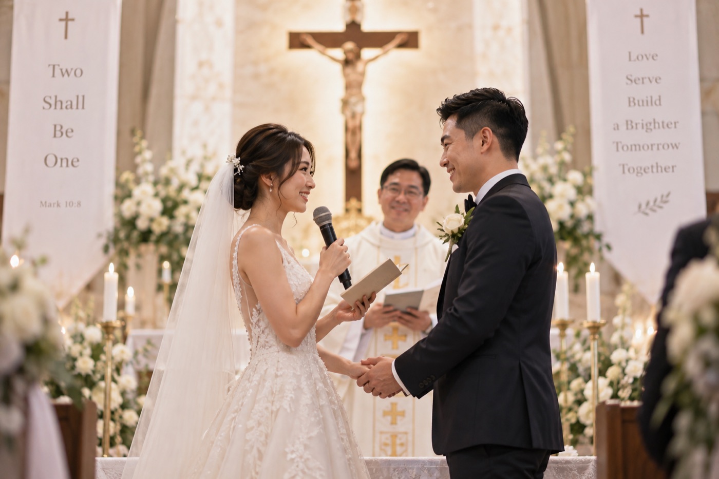 Bride and groom exchanging their vows before the priest at a Catholic wedding Mass in Singapore.