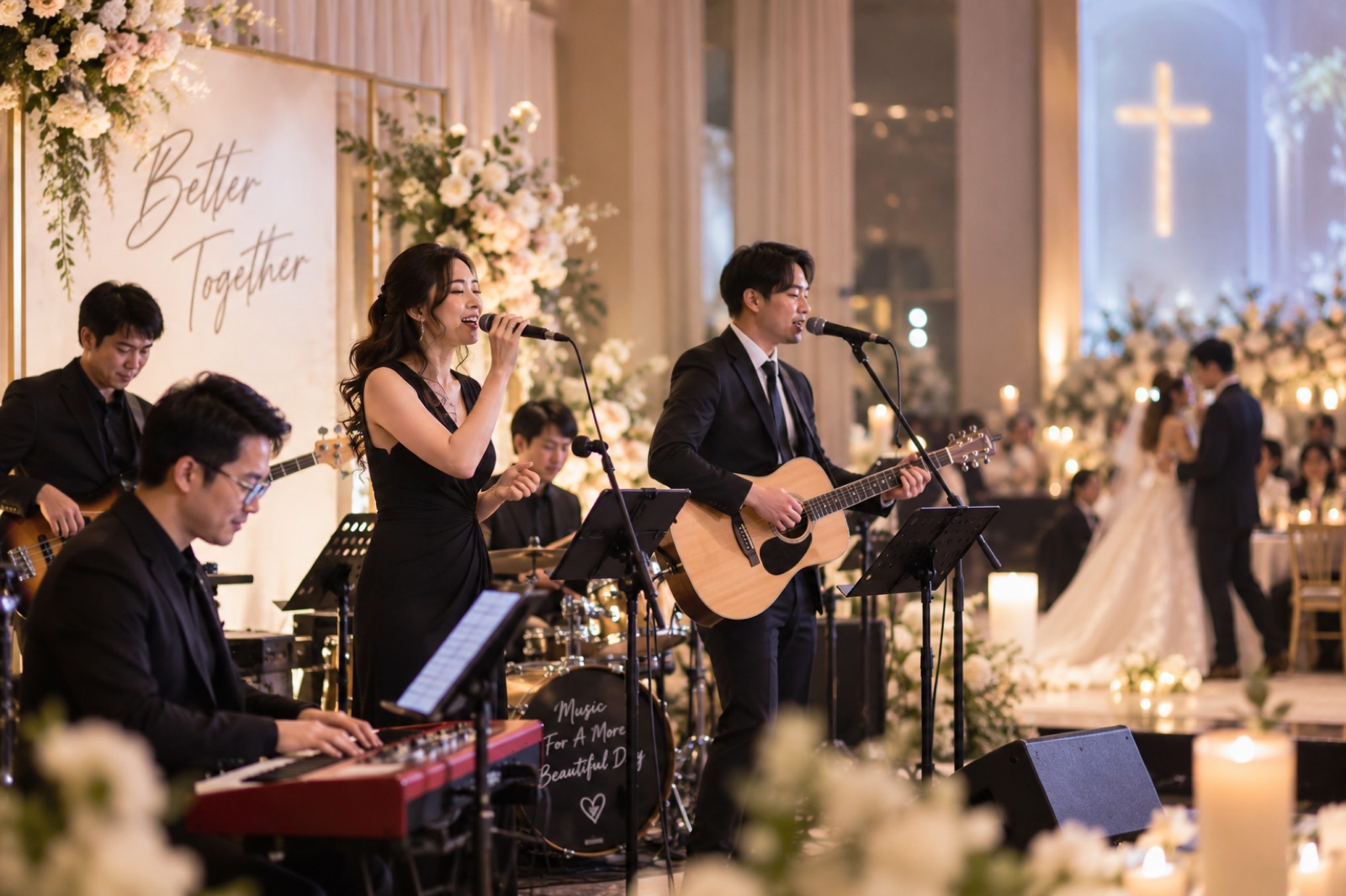 The 520 live band performing at a Singapore wedding reception, with vocalist, guitarist, bassist, pianist and drummer, as the couple share their first dance behind them.